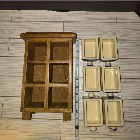 Apothecary 6 Hand Painted Ceramic Drawers Heavy Wooden Cabinet Tea Trinket Box - Picture 8 of 12